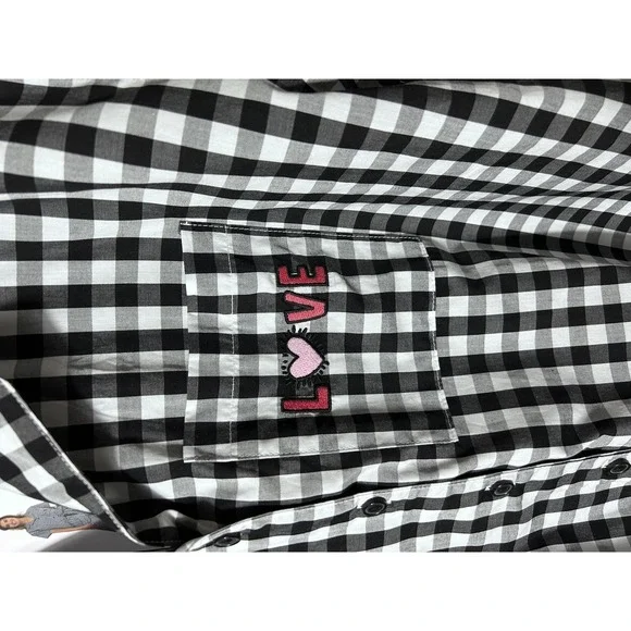 Keith Haring Pajama Set Womens Medium Black Gingham Check Heart Love Cotton - Picture 3 of 15